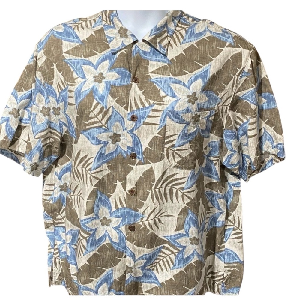 Mens XL CARIBBEAN JOE Hawaiian Button Down Shirt Blue & Tan EUC